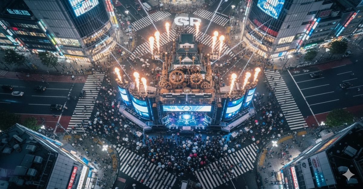 渋谷の中心・スクランブル交差点に巨大なイベントステージが組まれています。ステージはスチームパンク風の歯車装飾や大型LEDビジョンで構成され、非常に未来的かつインパクトのあるデザイン。上部には**多数の炎柱(ファイヤーエフェクト)**が立ち上り、ライブ演出のクライマックスのような雰囲気が出ています。